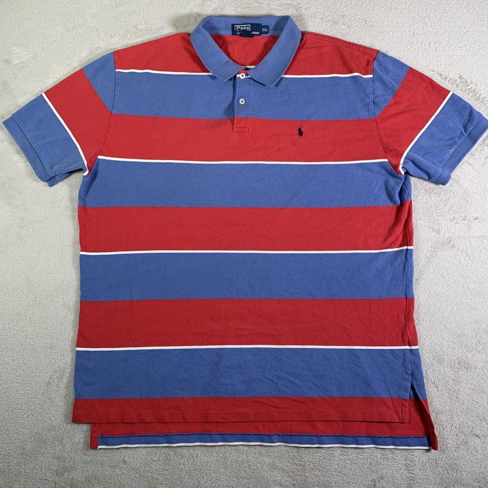 Vintage Polo Ralph Lauren Polo Shirt Mens 2XL Red Blue Stripe Cotton Hip Hop